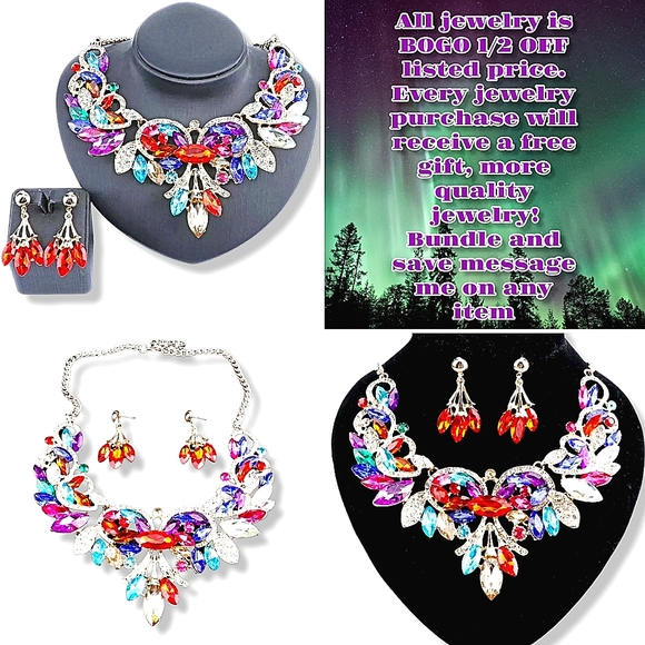 18K gold plated multi color rainbow crystal Necklace earrings set - Picture 3 of 16